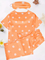  Polka Dot Satin Pajama Set with Eye Mask