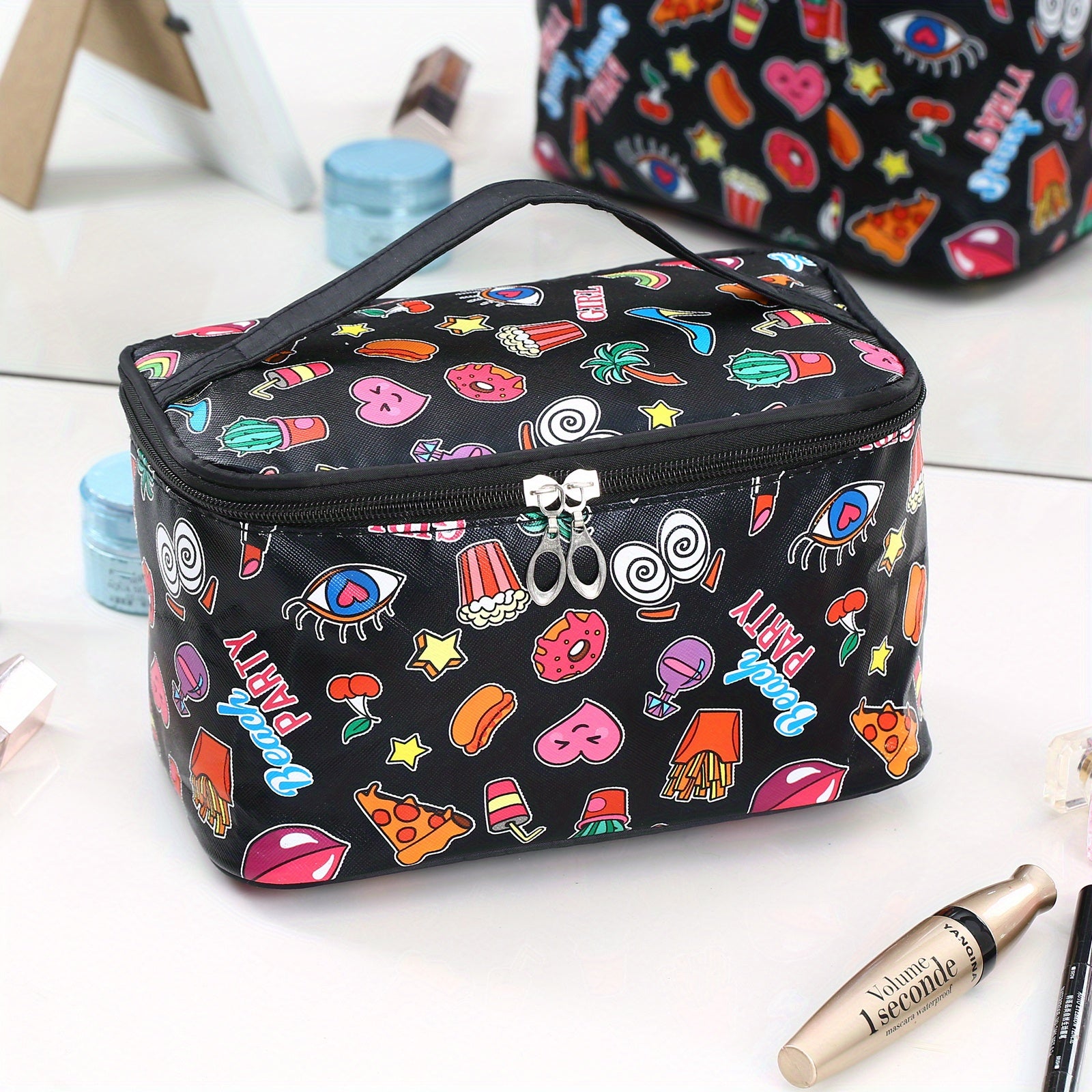 Cartoon Printed Cube Travel Cosmetics Wash Bag PU Portable Storage Bag
