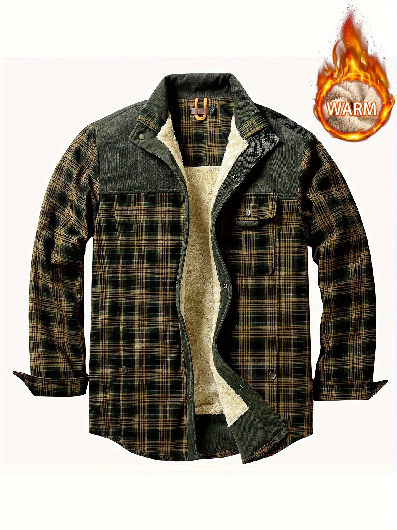 Men's Plaid Print Jacket Windproof Thermal Lapel Winter Shirt