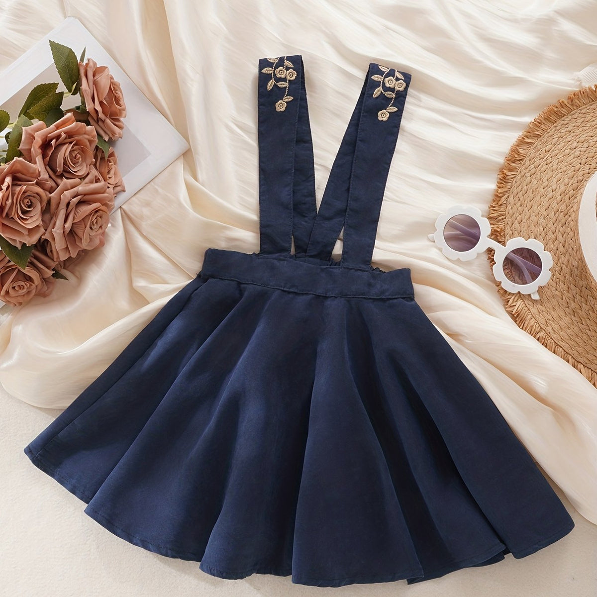 Girls Embroidered Straps Overalls Skirt Elastic Waist