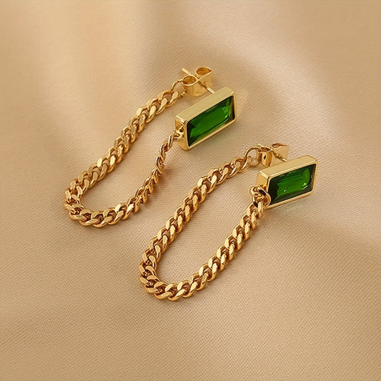 Long Chain Earrings Square Synthetic Gems 18K Plated Drop Earrings