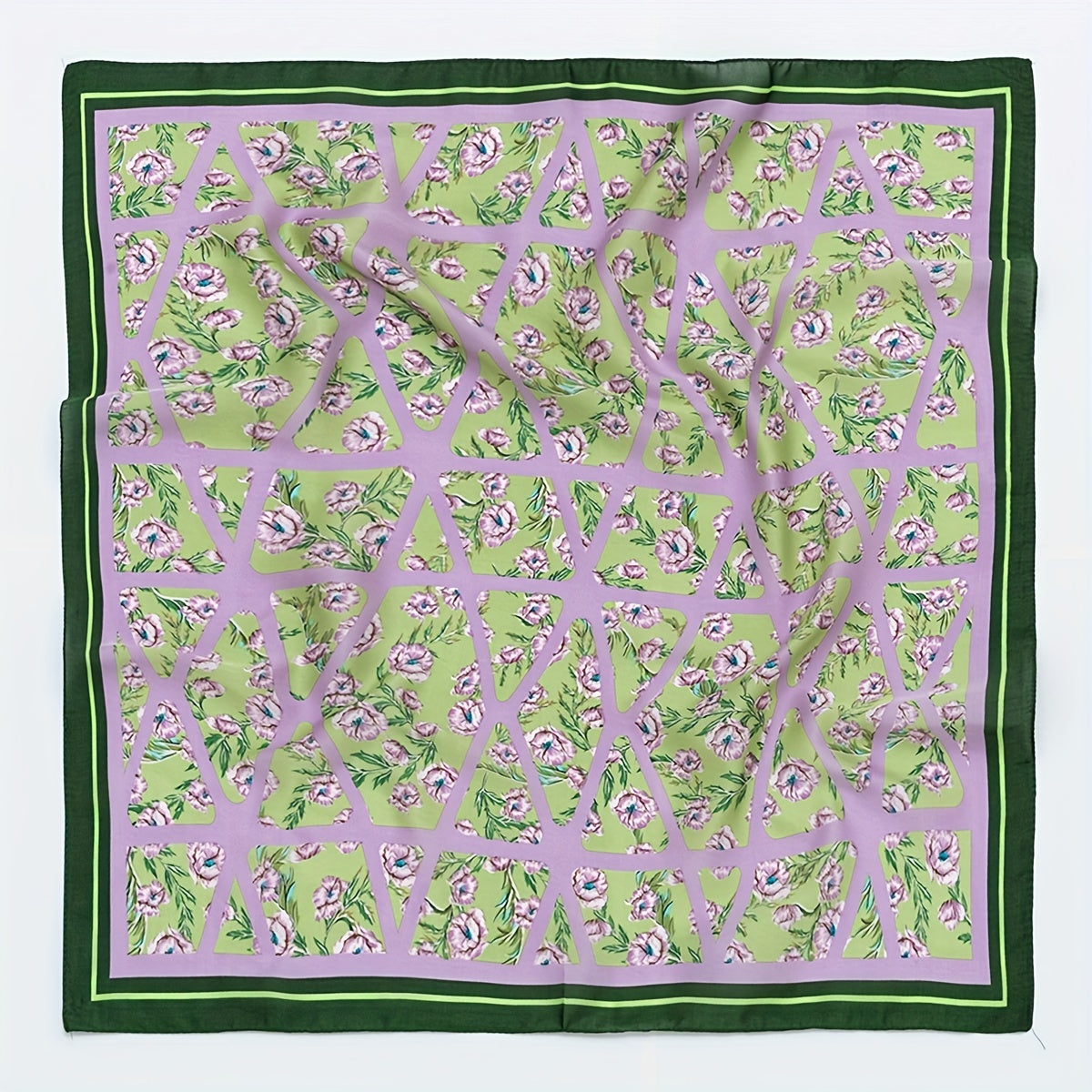 Eustoma Print Bandana Square Scarf Silky Geometric Block Purple Neck Wrap