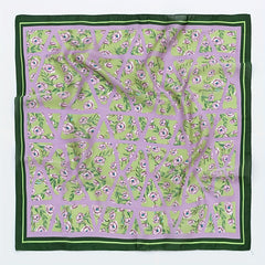 Eustoma Print Bandana Square Scarf Silky Geometric Block Purple Neck Wrap
