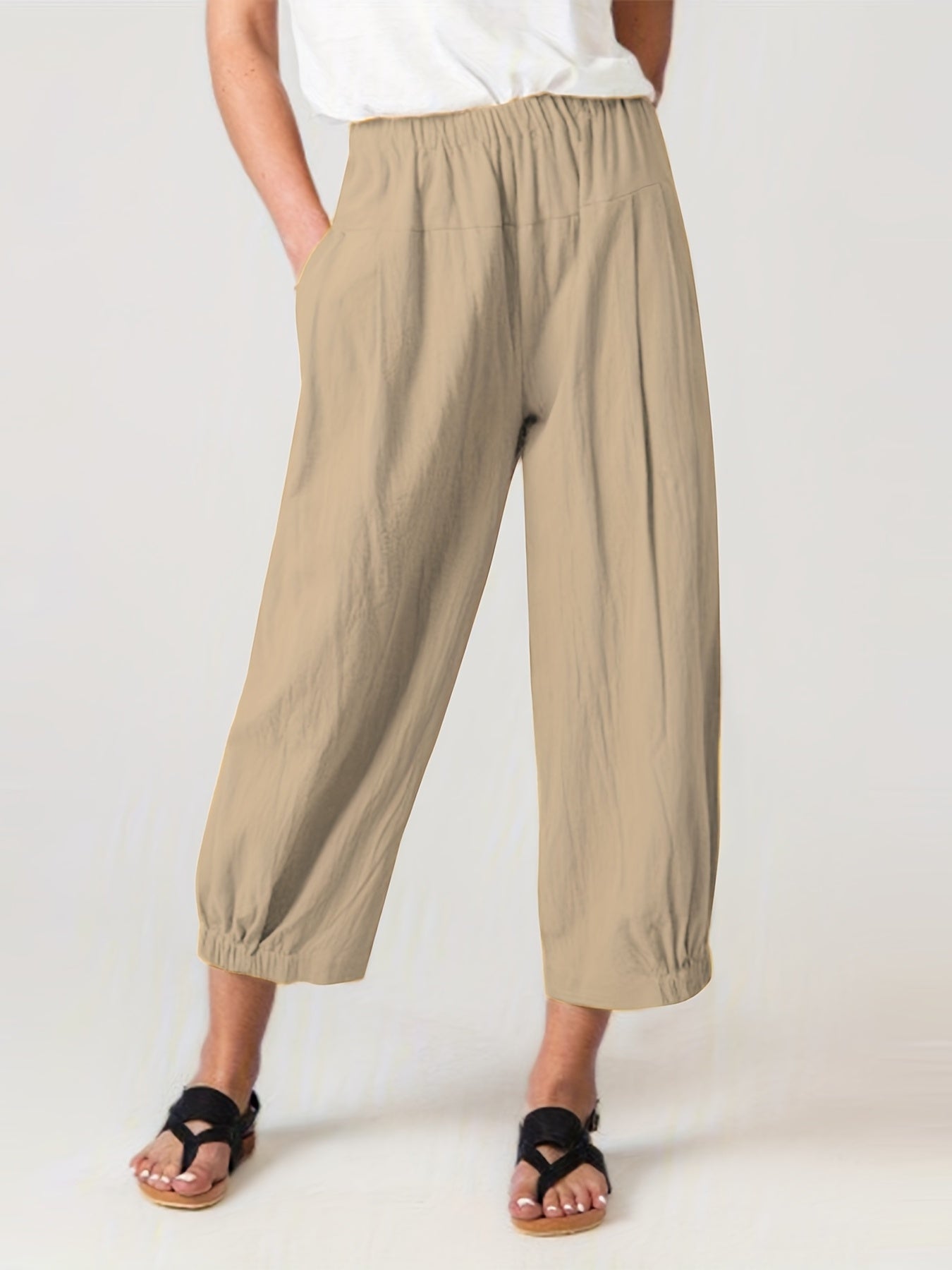  Solid High Rise Elastic Pleated Harem Pants