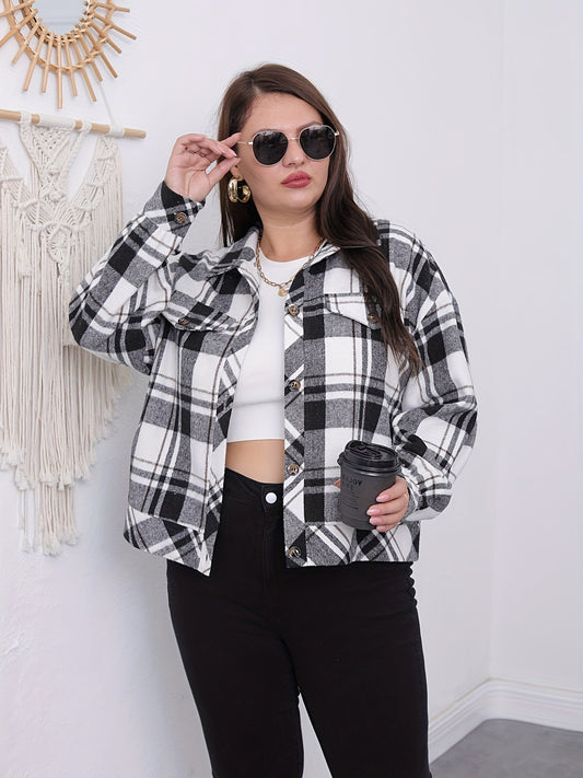  Plaid Print Button Up Long Sleeve Shacket