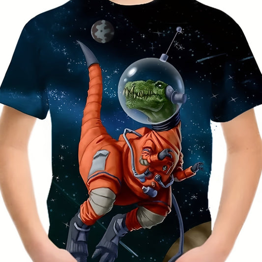 Boy's Dino Astronaut T-shirt Casual Stretch Tee for Summer