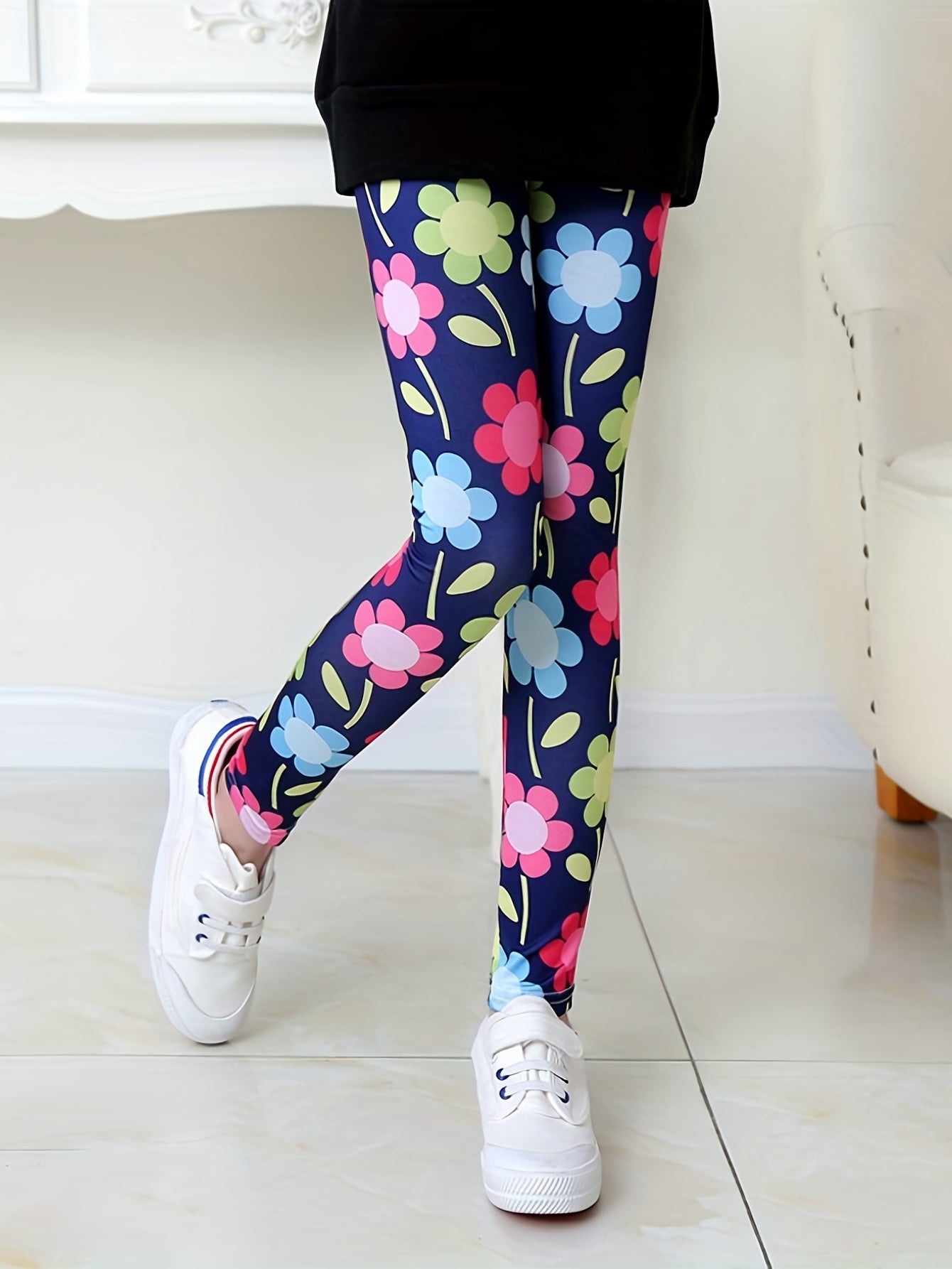Girls Colorful Flowers Stretch Yoga Pants High Waist Slim Leggings