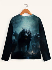 Wolf Print Men's Long Sleeve Tee for Autumn