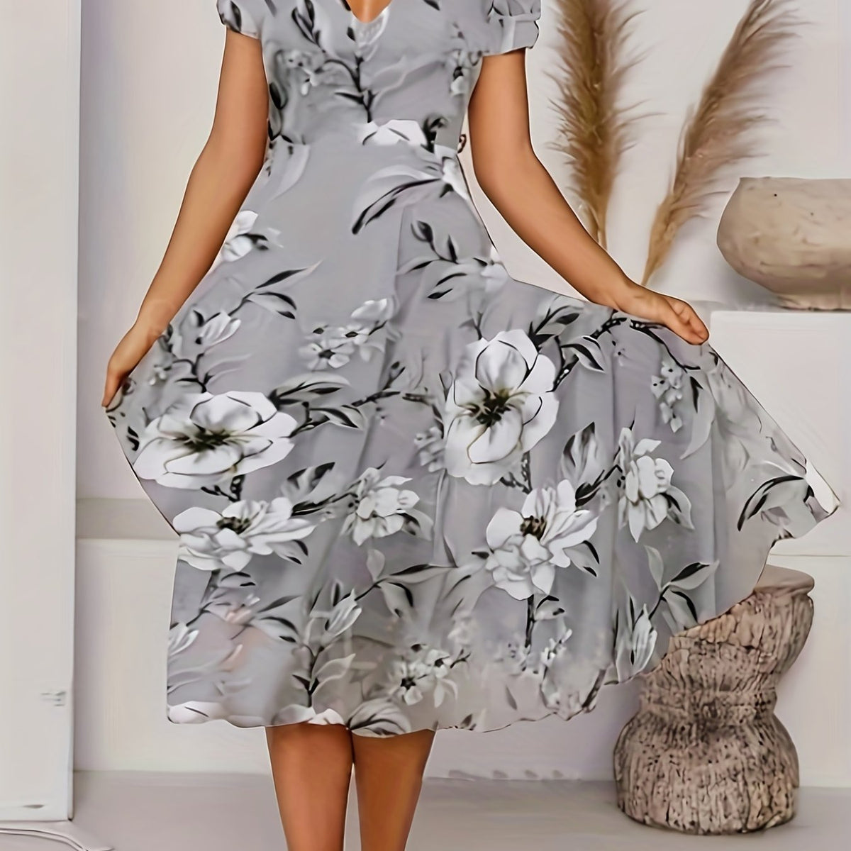 Floral Print V Neck Dress Short Sleeve A Line Summer Dress