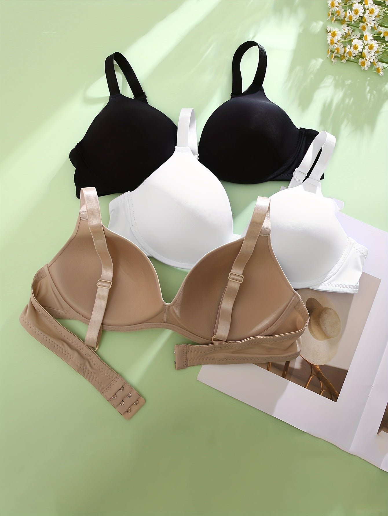 3pcs Solid T Shirt Bras Push Up Bra Women's Lingerie