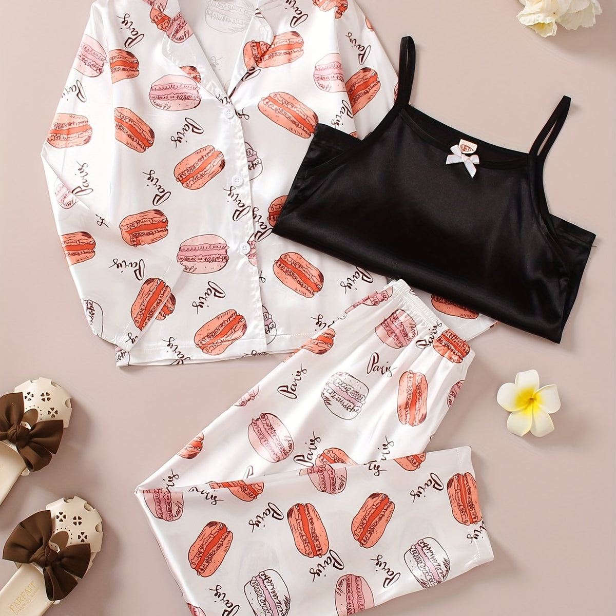 Kid's 3pcs Macaron Pattern Pajamas Set Comfy PJ Girl's Loungewear