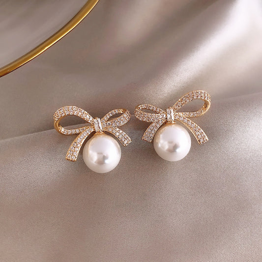 18K Plated Bow Rhinestone Pearl Stud Earrings Women's Jewelry