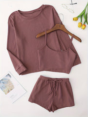 Waffle Lounge Set Long Sleeve Crew Neck Top & Shorts Women's Loungewear
