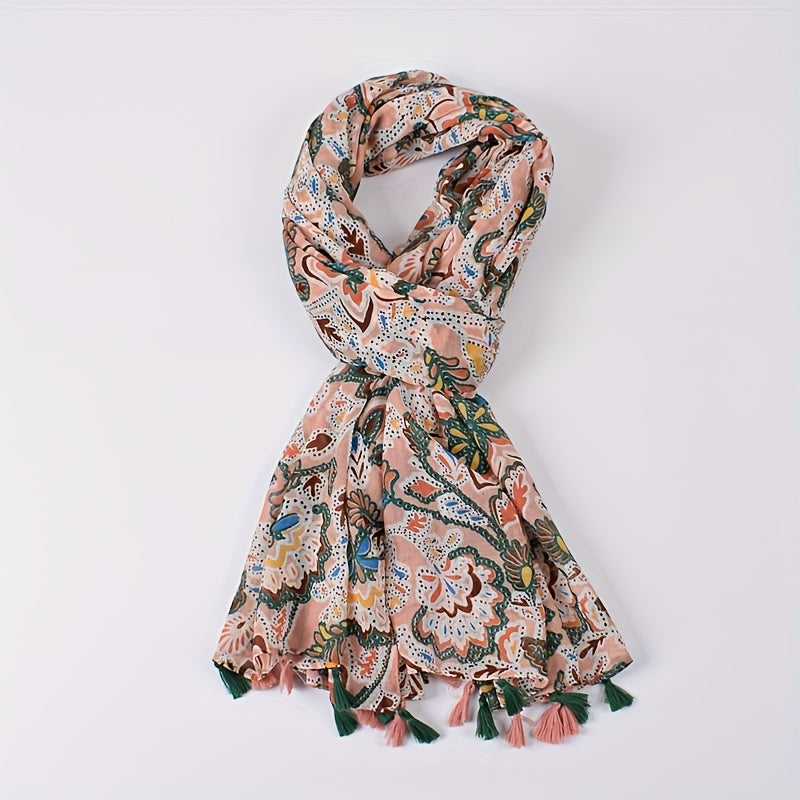 Bohemian Print Pink Scarf Vintage Tassel Warm Shawl Women