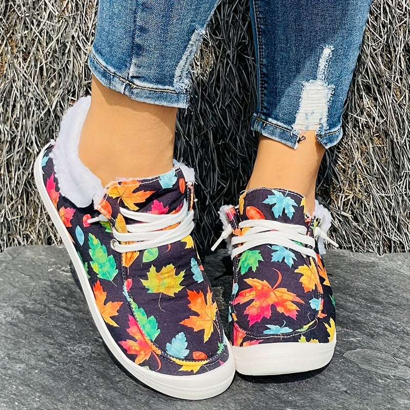 Colorful Maple Leaf Pattern Warm Fur Boots Flat Casual Round Toe Snow Boots