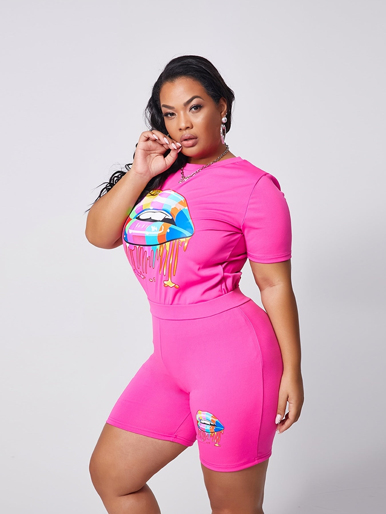  Lips Print Tee & Shorts Set Women's Activewear