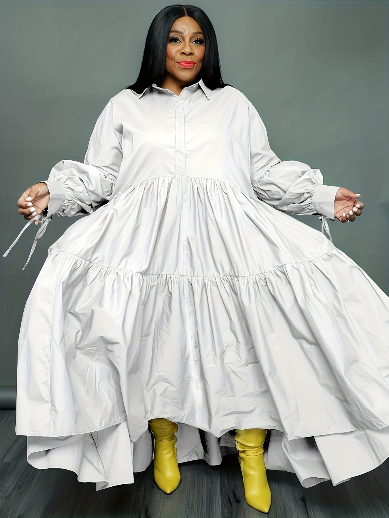  Tie Lantern Sleeve Ruffle Smock Dress