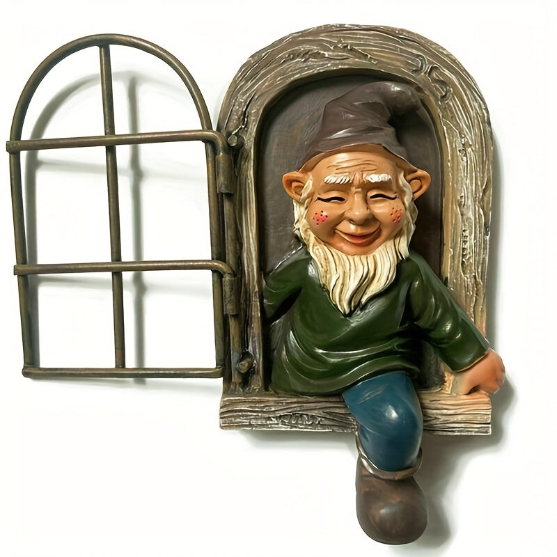 Garden Gnome Statue Elf Window Gnome Figurine Outdoor Patio Balcony Decor