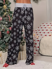  Snowflake Print Drawstring Wide Leg Trousers