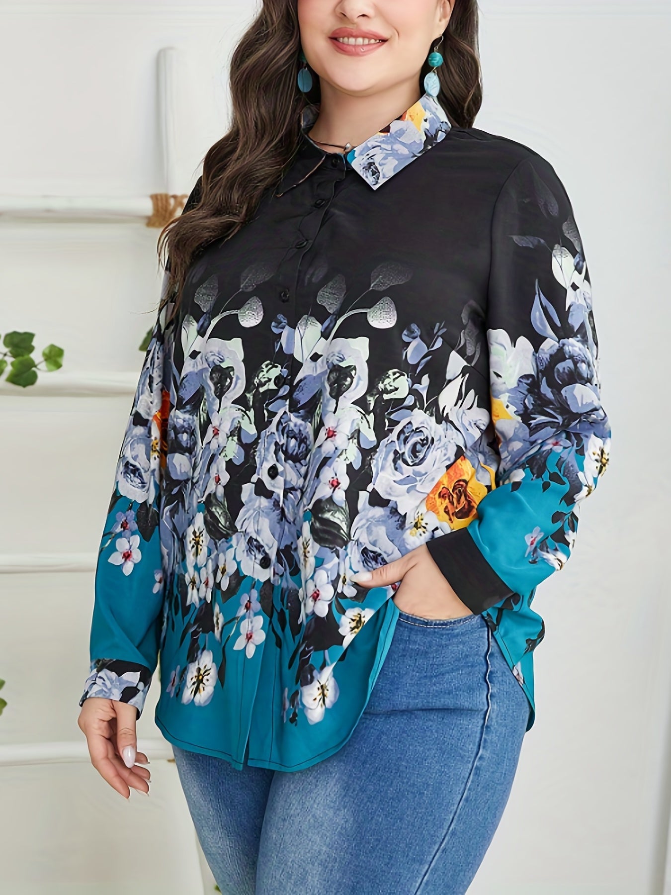  Floral Print Boho Blouse Long Sleeve Button Up Shirt Top