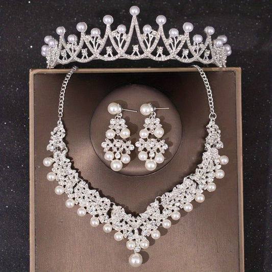 3PCS Faux Pearl Crown Earrings Necklace Set Head Jewelry