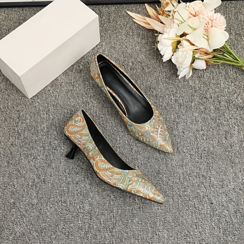Women's Paisley Print Kitten Heels Slip On Low Heels Dressy Shoes