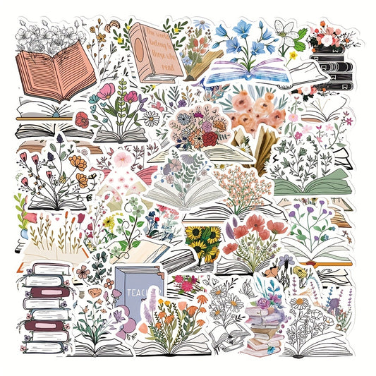 50pcs Books & Flower Stickers for Phone Laptop Refrigerator Skateboard