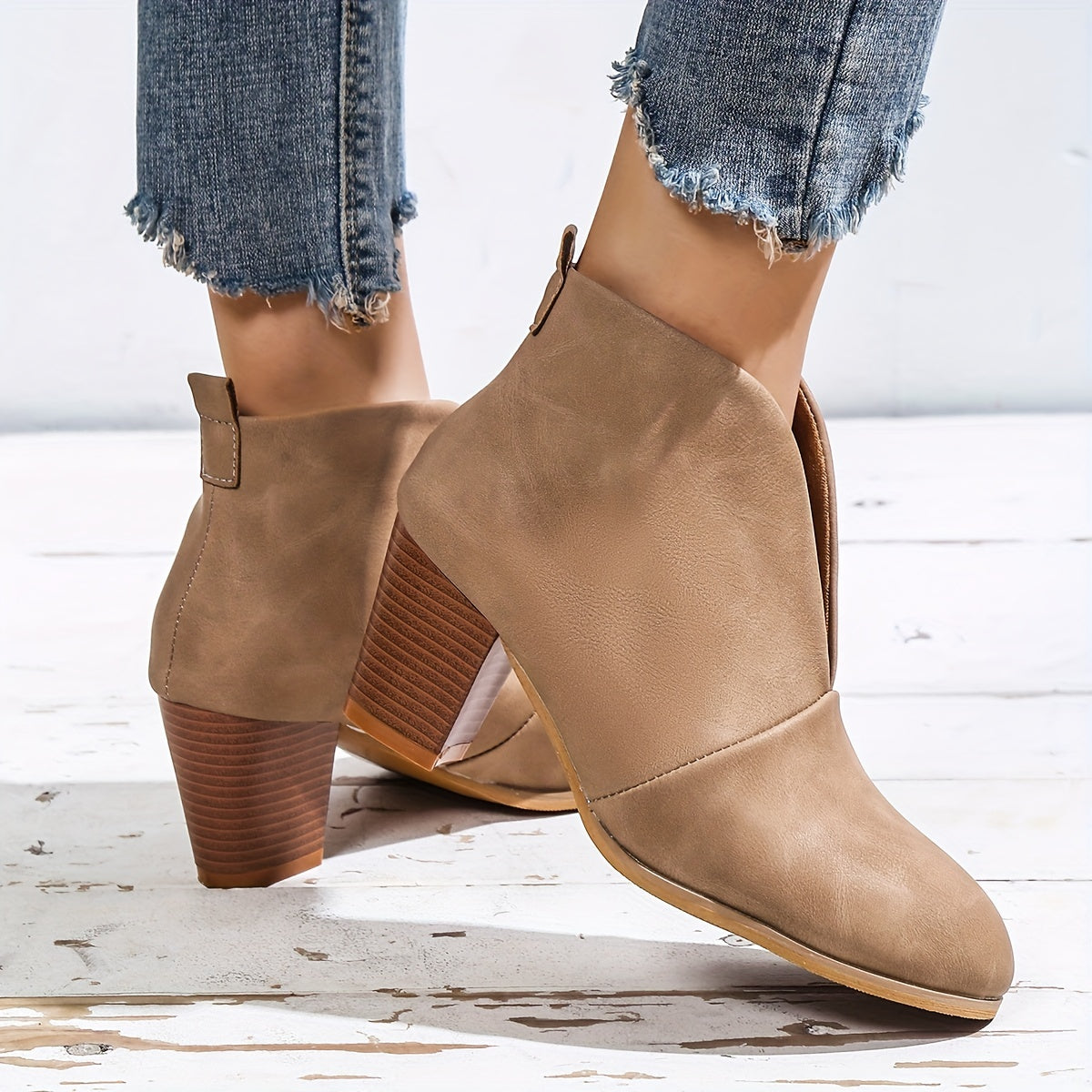Women's Block Heel Short Boots Slip-On Comfortable Closed Toe Shoes