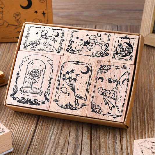 6pcs Wooden Seals Rose Prince DIY Decorative Printing Set
