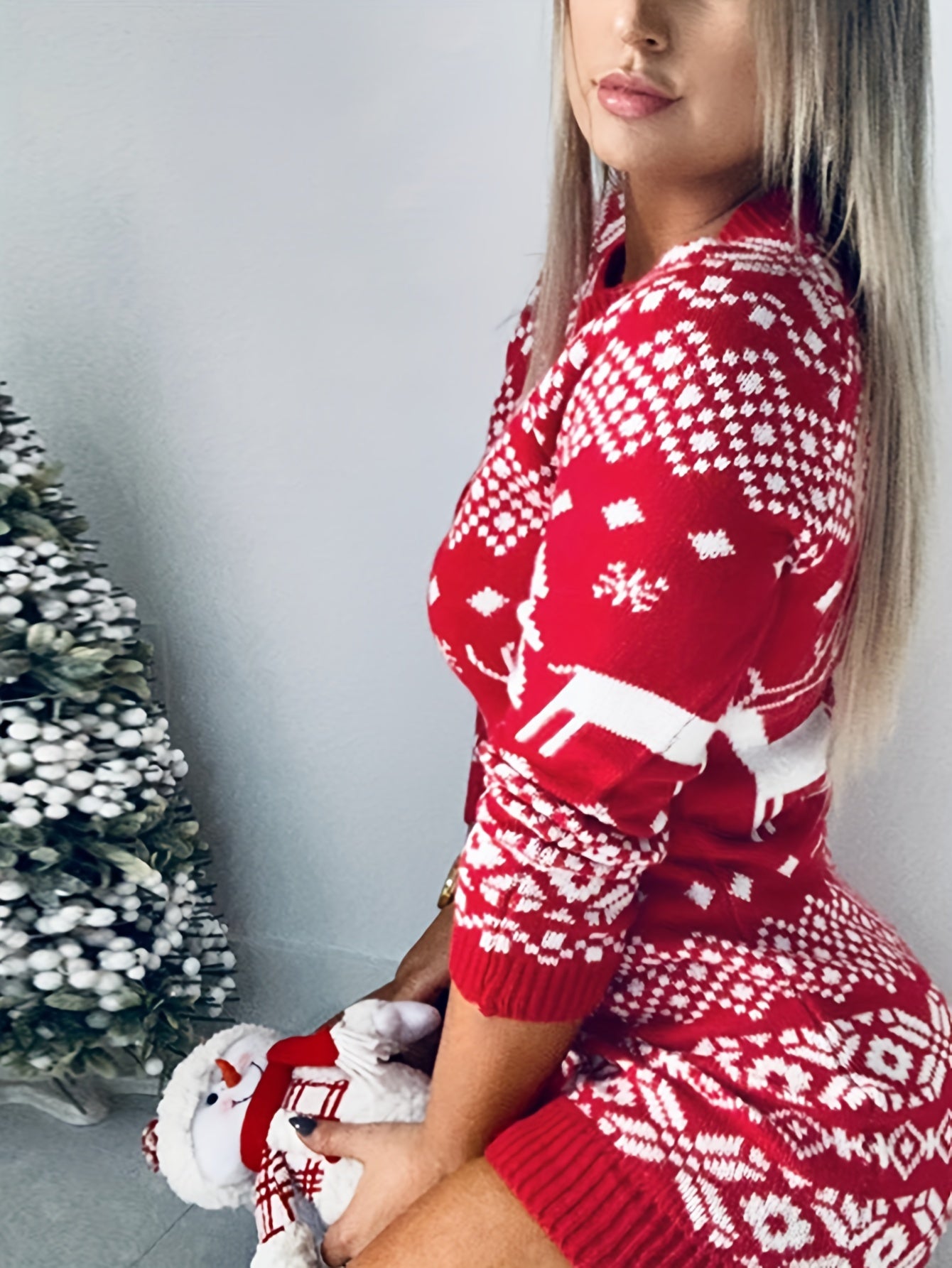  Christmas Sweater Dress Women's Plus Elk & Snowflake & Tree Pattern