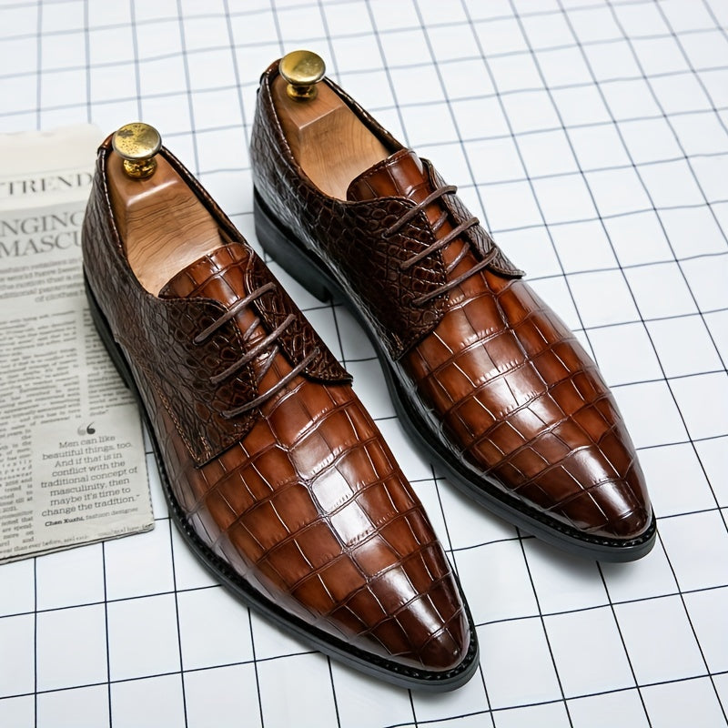 Crocodile Embossed Pointed Top Slip On Derby Shoes