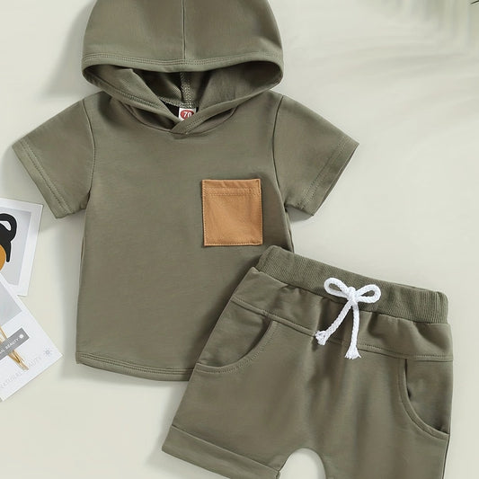 2pcs Baby Boys Short Sleeve Hooded Top & Shorts Set for Summer