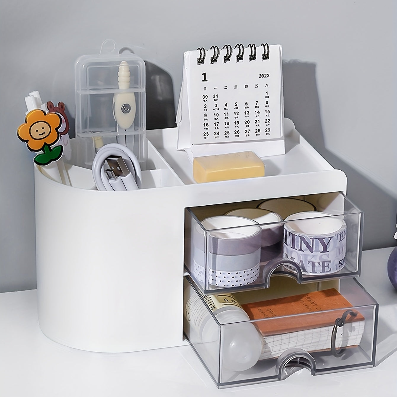 Desktop Pen Holder Storage Box with Small Drawer