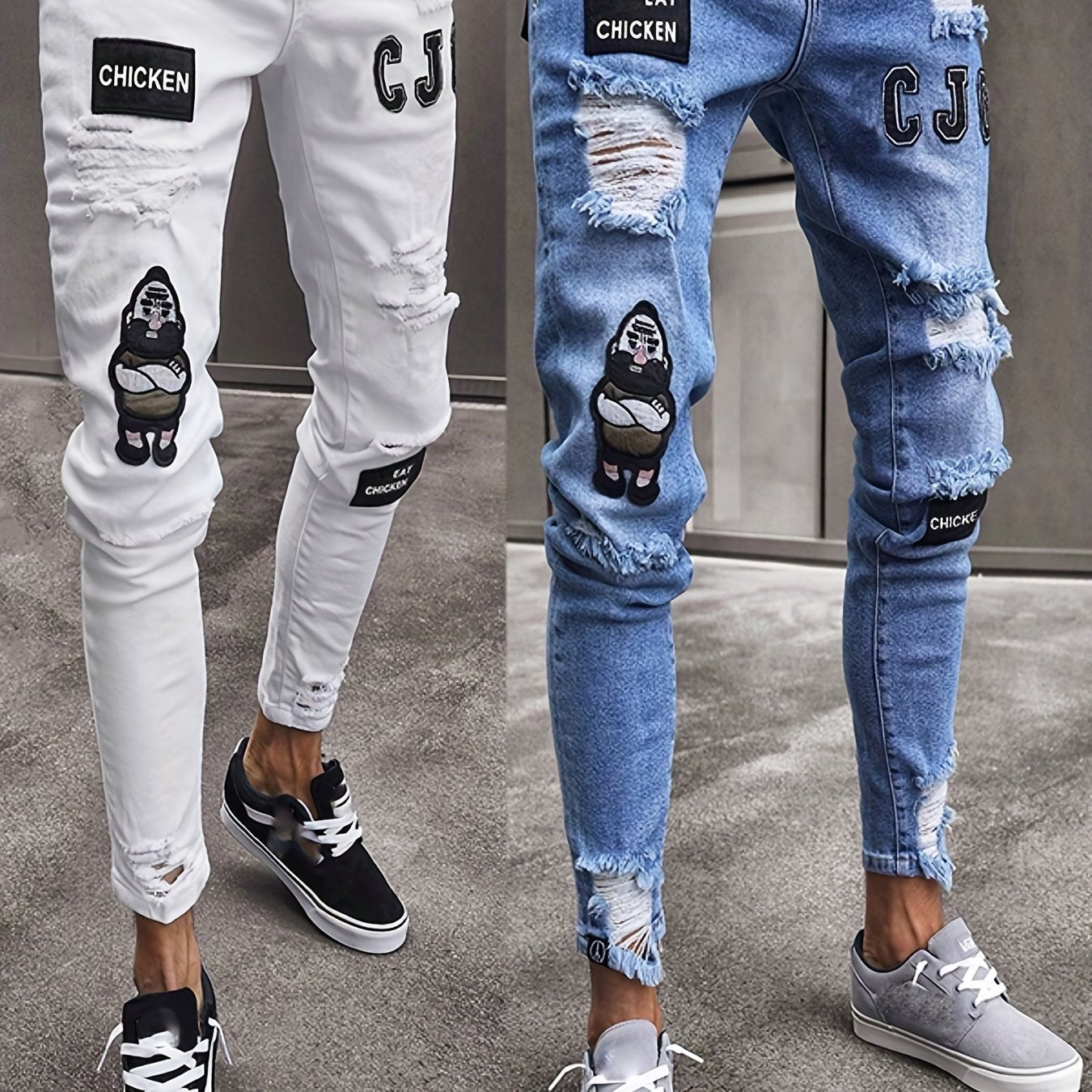 Letter Print Slim Fit Ripped Jeans Distressed Denim Pants