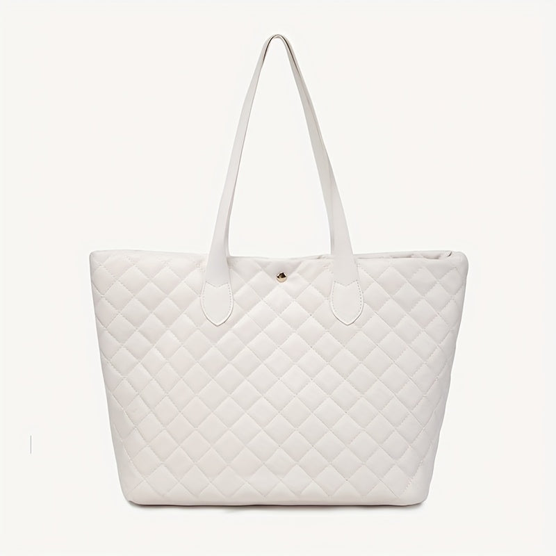 Argyle Quilted Tote Bag Large Capacity Stylish PU Leather Handbag