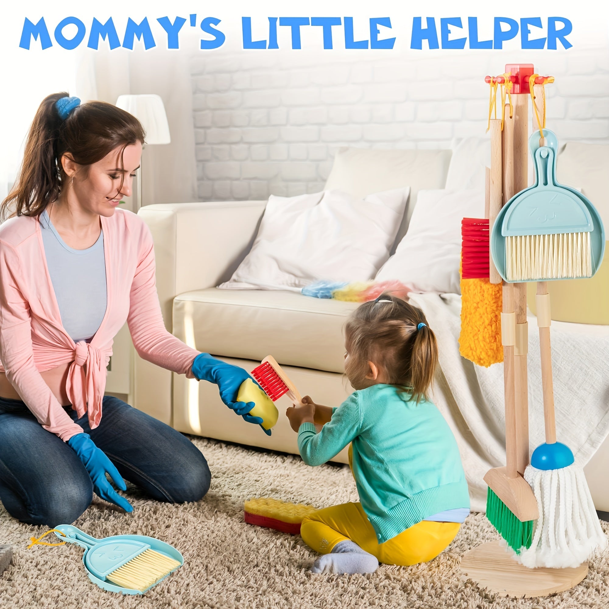 Wooden Pretend Cleaning Set for Kids Housework Toy Kit with Broom and Mop