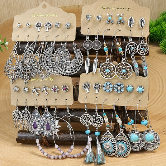 Boho Holiday Earrings Set Silver Geometric Retro Ear Jewelry