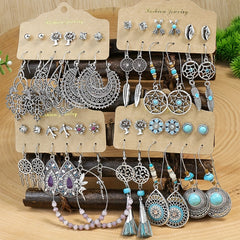 Boho Holiday Earrings Set Silver Geometric Retro Ear Jewelry