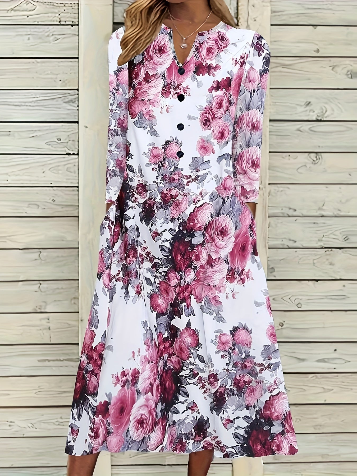  Floral Print Long Sleeve Dress With Pockets