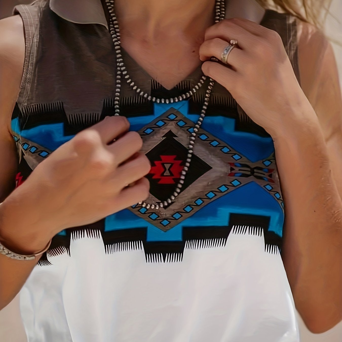 Geo Print Polo Neck Tank Top Vintage Sleeveless Tank Top
