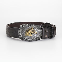 Men's Leather Belt Horse Head Buckle Floral Engraved Pattern