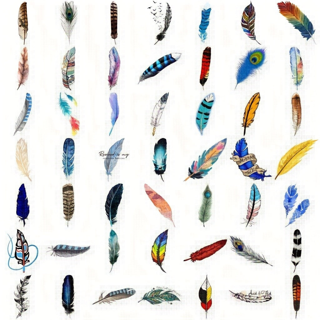54pcs Feather Stickers Red Purple Teal Golden Self Adhesive