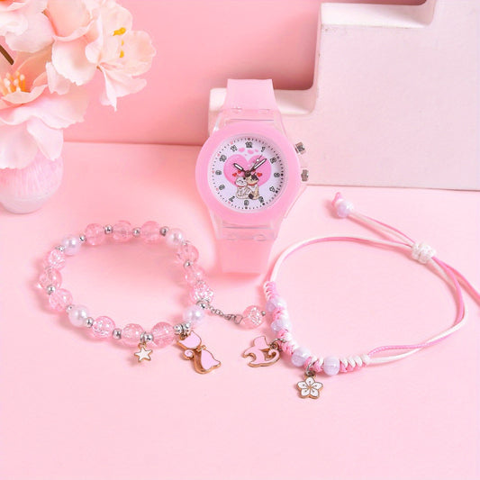 Girls' Cartoon Cat Watch Gift Set with Pendant Bracelet
