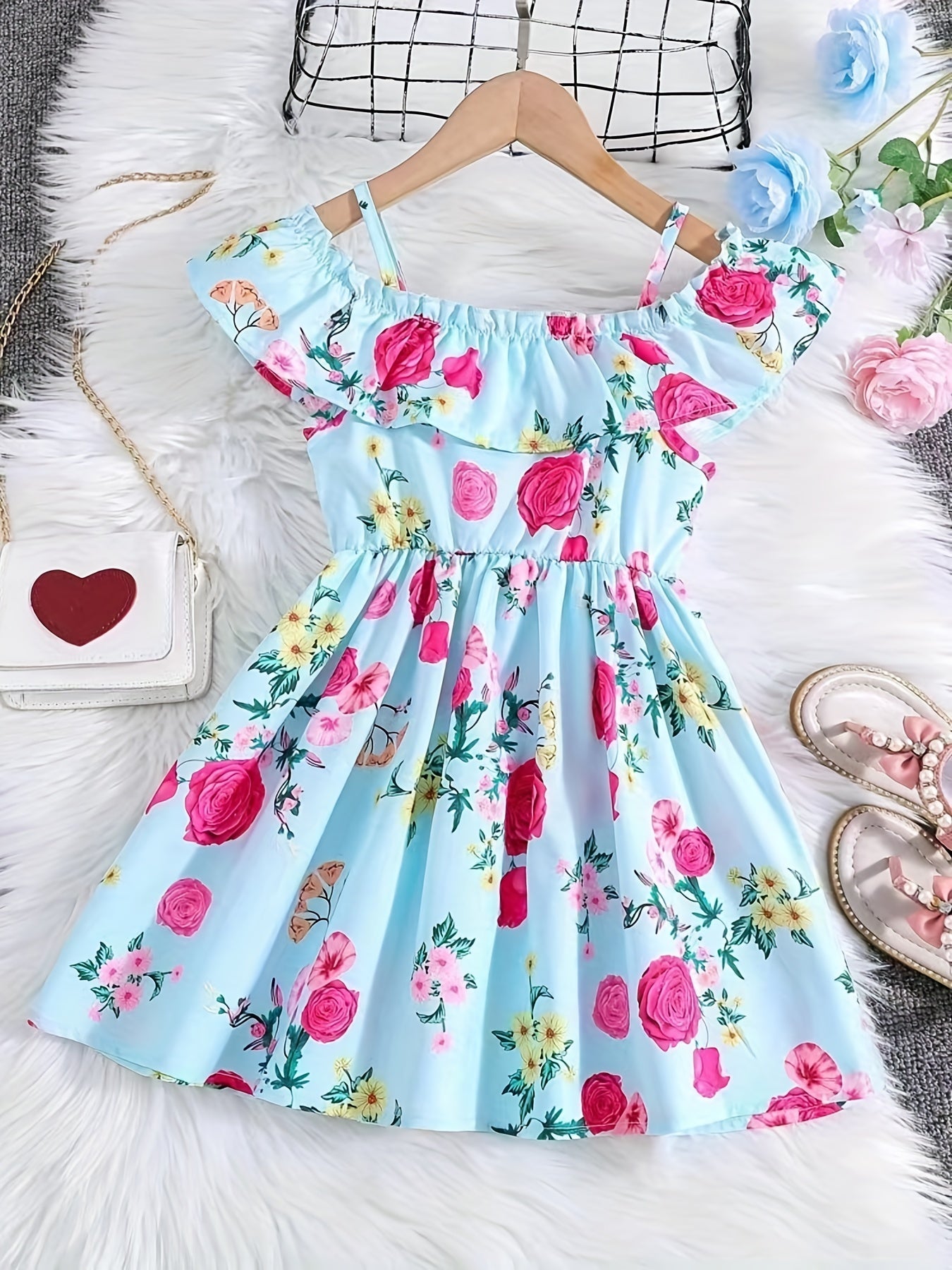 Toddler Girls Ruffle Trim Cold Shoulder Princess Dress Flowers Graphic