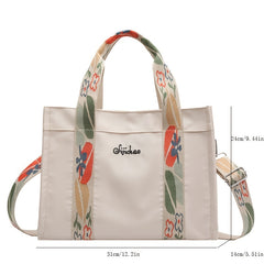 Canvas Tote Handbag with Flower Print Strap