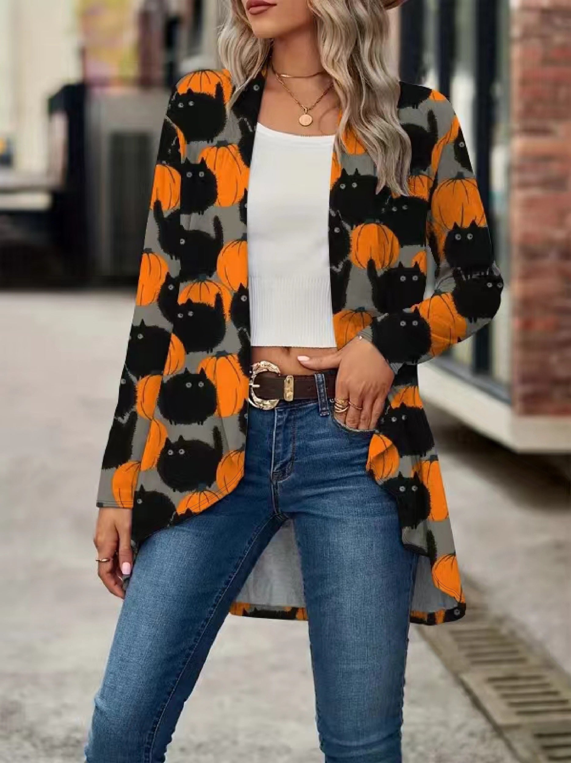  Cat & Pumpkin Print Long Sleeve Cardigan