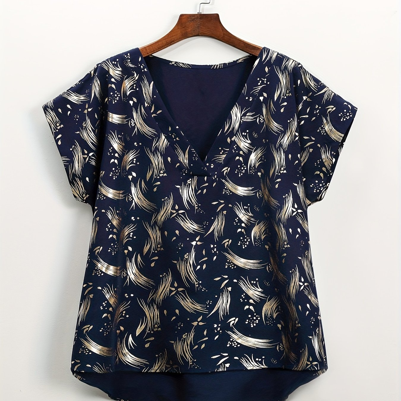  Casual Blouse Women's Plus Allover Print V Neck Asymmetrical Blouse