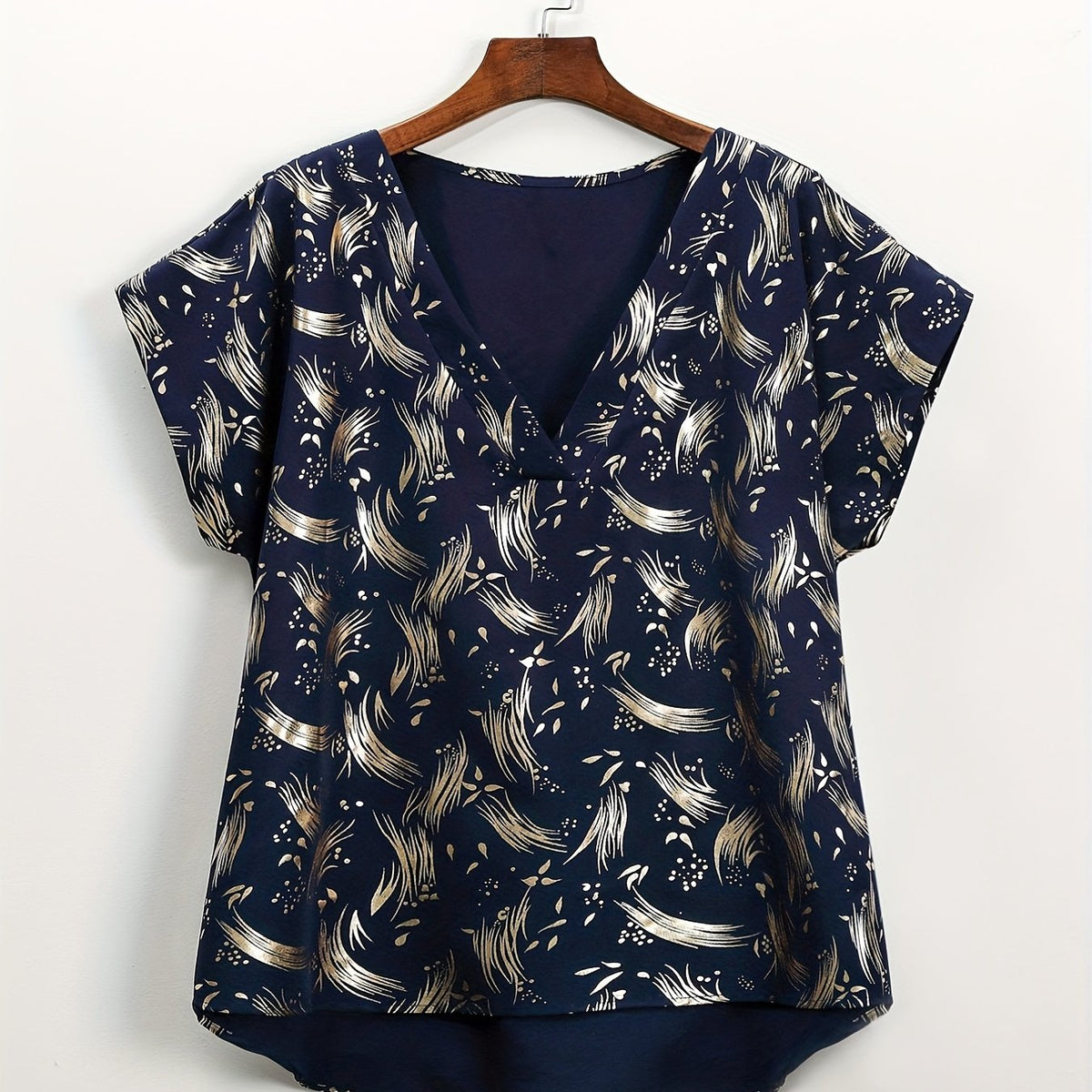  Casual Blouse Women's Plus Allover Print V Neck Asymmetrical Blouse