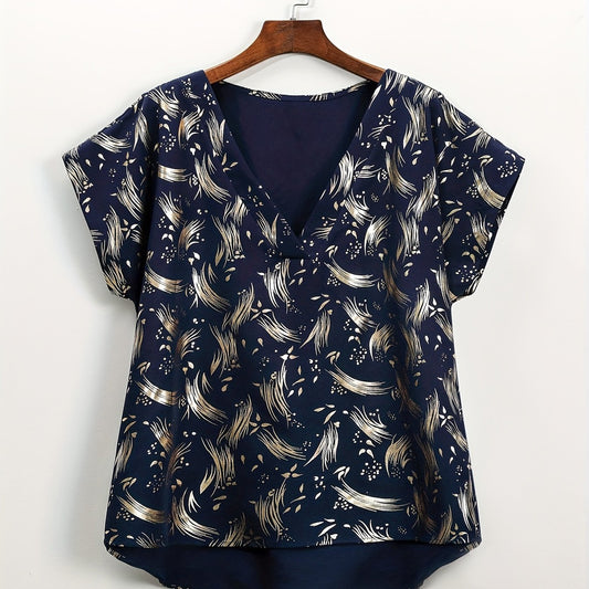  Casual Blouse Women's Plus Allover Print V Neck Asymmetrical Blouse