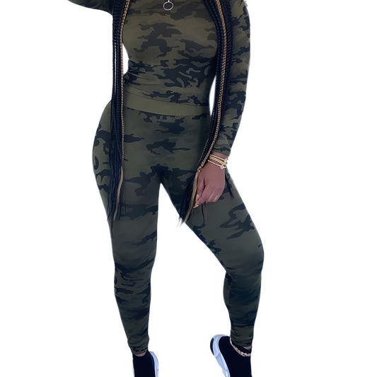 Camo Print Casual Two piece Set Zipper Long Sleeve Tops & Long Length Pants